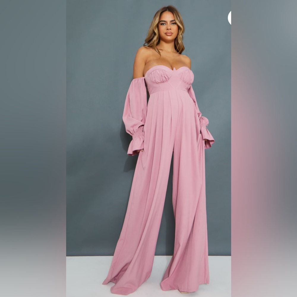 NWT PrettyLittleThing MATERNITY PINK CORSET BARDOT WIDE LEG JUMPSUIT size 4